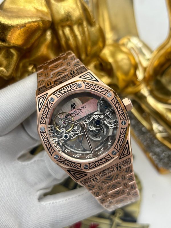 Audemars Piguet-Inspired Skeleton Rose Gold Automatic Watch – Luxury Engraved Edition