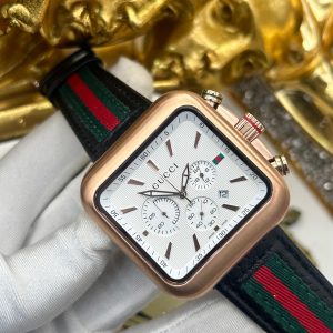 Luxury Gucci-Inspired Chronograph Wristwatch – Rose Gold Square Dial with Signature Stripe Strap Upgrade your style with this premium luxury wristwatch, designed with a perfect blend of sophistication and modern elegance. Featuring a sleek square rose gold case, this timepiece boasts a white chronograph dial with three sub-dials for precision timekeeping. The bold yet refined design is complemented by a black leather strap with Gucci’s signature red and green stripes, adding a touch of high-end fashion to your look. Key Features: ✅ High-Quality Chronograph Movement – Ensures precise timekeeping with stopwatch functionality ✅ Elegant Square Rose Gold Case – A unique and luxurious design that stands out ✅ Premium Leather Strap with Red & Green Stripe – Iconic Gucci-inspired design for a bold fashion statement ✅ Multifunctional Sub-Dials – Display seconds, minutes, and hours for added functionality ✅ Scratch-Resistant Crystal Glass – Durable and long-lasting ✅ Water-Resistant Design – Safe for everyday wear (splash-resistant) ✅ Date Display Window – Convenient date tracking Perfect For: ✔ Fashion Enthusiasts ✔ Luxury Watch Collectors ✔ Gift for Him – Birthdays, Anniversaries, Special Occasions ✔ Business & Casual Wear 💎 Elevate your wrist game with this stylish, high-end timepiece. Limited stock available – order yours today!